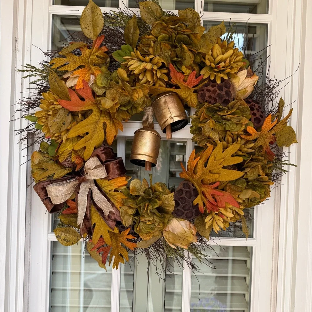 Autumn Harvest Fall Wreath with Gold Bells - Brown/Green